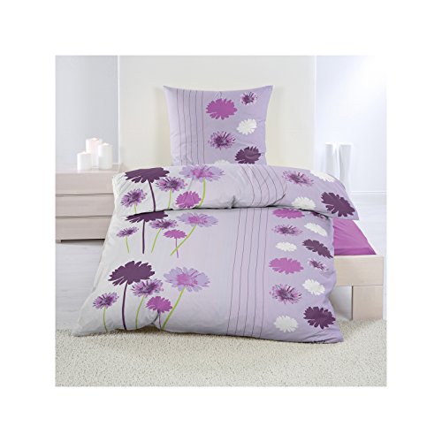 2 oder 4 tlg. Renforce Bettwäsche Set 135x200 cm Bettwäschegarnitur in Violett Lila mit sommerlichen Blumen