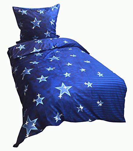 4 teilige Bettwäsche Microfaser 135x200 cm Sterne Streifen blau Garnitur Set Doppelpack Wendekissen