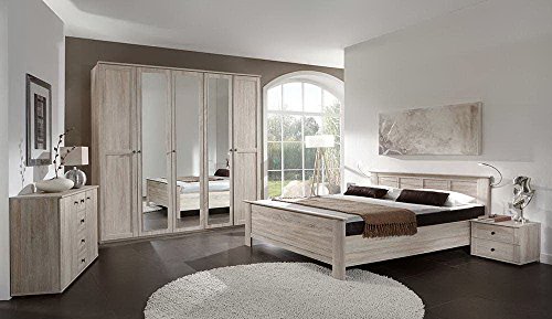 4-tlg. Komfortschlafzimmer in Eiche sägerau-Nachbildung, Kleiderschrank B: 225 cm, Kompaktbett Liegefläche 180 x 200 cm, Nachtschränke B: 104 cm