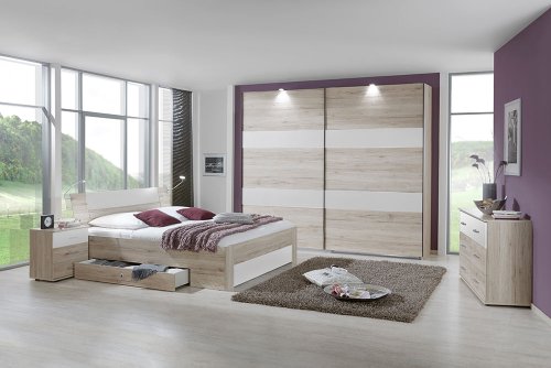 4-tlg-Schlafzimmer in San Remo-Eiche-NB mit Abs in Alpinweiß, Schwebetürenschrank B: 225 cm, Bett mit Schubkästen B: 180 cm, 2 Nachtschränke B: 52 cm