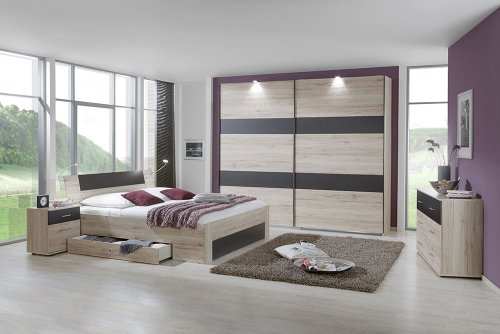 4-tlg-Schlafzimmer in San Remo-Eiche-NB mit lavafarbigen Abs., Schwebetürenschrank B: 225 cm, Bett mit Schubkästen B: 180 cm, 2 Nachtschränke B: 52 cm
