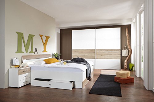 4-tlg. Schlafzimmer in alpinweiß und Sanremo Eiche Nb. mit Schwebetürenschrank (B:225 cm),Bett mit Schubkästen (180x200 cm),2 Nachtschränken (B:52 cm)