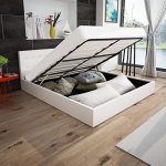 Anself Polsterbett Doppelbett Bett Ehebett aus Kunstleder mit Bettkasten 180x200cm ohne Matratze Weiß