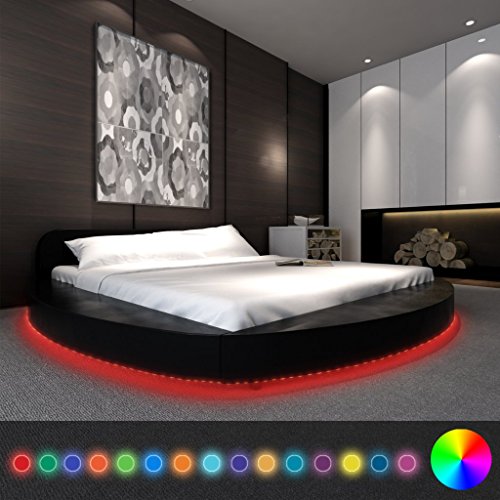 Anself Polsterbett Doppelbett Bett Rundbett aus Kunstleder 180x200cm mit Memory Matratze und LED-Leiste Schwarz