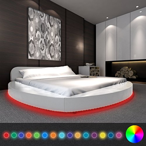 Anself Polsterbett Doppelbett Bett Rundbett aus Kunstleder 180x200cm mit Memory Matratze und LED-Leiste Weiß