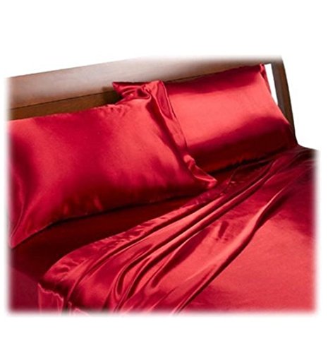 Rot Satin Luxus Doppel Bett aus Seide 6 Stücke Bettwäsche Bettbezug, Spannbettlaken + 4 Kopfkissenbezügen