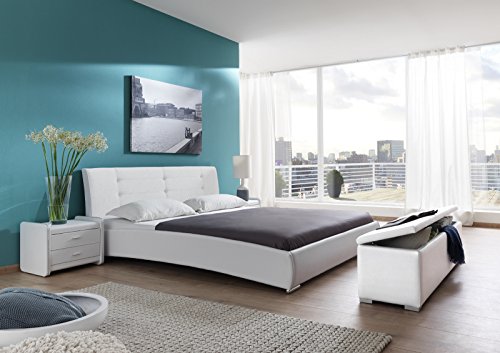 SAM® Design Polsterbett Bebop 90 x 200 cm Bett in weiß Kopfteil abgesteppt mit Chromfüße auch als Wasserbett verwendbar Lieferung per Spedition teilzerlegt