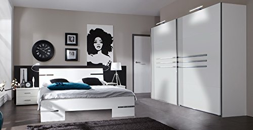 Schlafzimmer 4-tlg. in Alpinweiß mit Chrom-Aufleistungen, Schrank B: 225 cm, Futonbett 180 x 200 cm, 2 Nachtschränke B: 52 cm