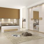 Schlafzimmer Komplett - Set A Satalo, 5-teilig, Farbe: Eiche Braun / Creme Hochglanz