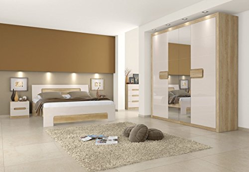 Schlafzimmer Komplett - Set A Satalo, 5-teilig, Farbe: Eiche Braun / Creme Hochglanz