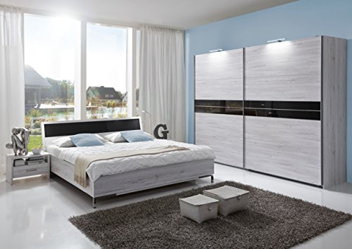 Schlafzimmer-Set "ACAPULCO" Komplettset Doppelbett Nachtkommoden Kleiderschrank Bett 180 x 200 Weißeiche Abs. Glas Grey