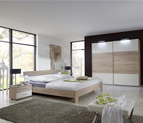 Schlafzimmer-Set "BILBAO" Doppelbett Nachtkommoden Schwebetürenschrank Bett 180 x 200 Eiche Sägerau Nachbildung Abs. Alpinweiß