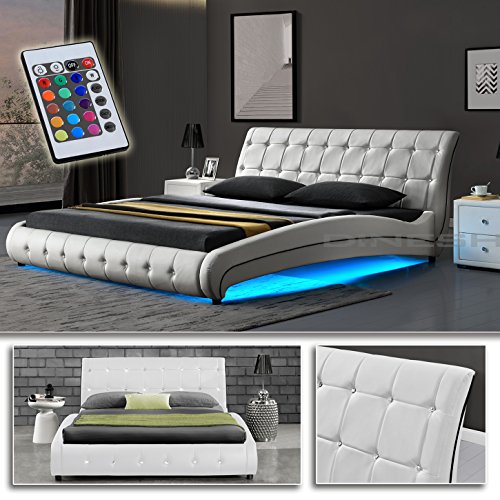 "VEGAS" Weiß Doppelbett Polsterbett LED Unterboden Beleuchtung Bett Lattenrost
