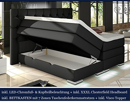 XXXL MAILAND Boxspringbett mit Bettkasten Designer Boxspring Bett Chesterfield LED SCHWARZ CHESTERFIELD DESIGN (180x200cm, Schwarz)