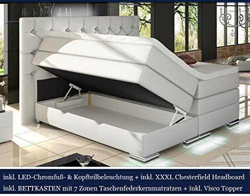 XXXL MAILAND Boxspringbett mit Bettkasten Designer Boxspring Bett Chesterfield LED WEISS CHESTERFIELD DESIGN (180x200cm, Weiss)