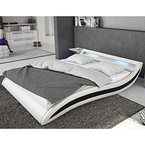 Polster-Bett 140x200 cm weiß-schwarz aus Kunstleder mit blauer LED-Beleuchtung | Accentox | Das Kunst-Leder-Bett ist ein edles Designer-Bett | Doppel-Bett 140 cm x 200 cm mit Lattenrost in Leder-Optik, Made in EU