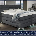 XXL ROMA Boxspringbett mit Bettkasten Designer Boxspring Bett LED DESIGN GRAU STOFF Rechteck Design (Design Grau Stoff, 200x200cm)
