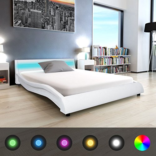 Festnight Bett Kunstlederpolsterung Bettrahmen Doppelbett Gästebett mit LED-Streifen und 140x200cm Memory-Matratze Weiß