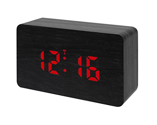 Bresser Funkwecker MyTime W mit dimmbarem LED Display und Holz Optik Kunststoffgehäuse, Uhrzeit-, Datum- und Temperaturanzeige, Weckfunktion, Netz- oder Batteriebetrieb, schwarz mit rotem Display