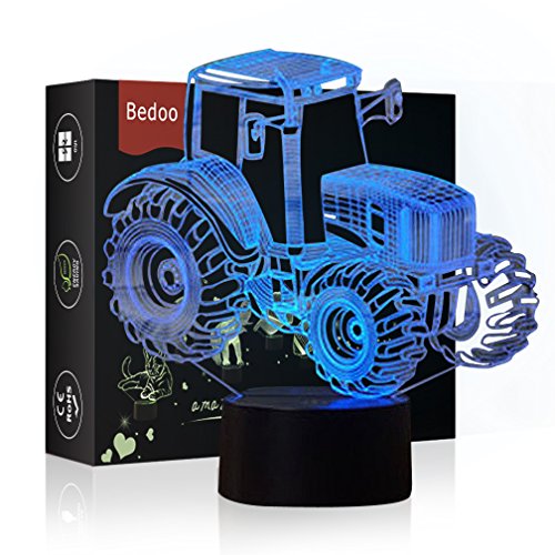 HeXie LED Nacht Lichter 3D Illusion Nachttisch Lampe 7 Farben ändern Schlafen Beleuchtung Smart Touch Button Nette Geschenk Warming präsentieren kreative Dekoration ideale Kunst Handwerk (Traktor)