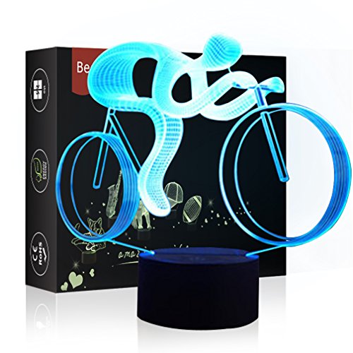 HeXie LED Nacht Lichter 3D Illusion Nachttisch Lampe 7 Farben ändern Schlafen Beleuchtung mit Smart Touch Button Nette Geschenk Warming präsentieren kreative Dekoration ideale Kunst (Fahrrad)