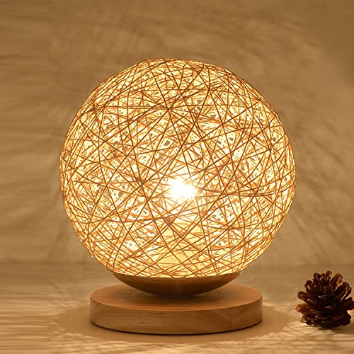 LED Tischlampe Nachttisch Lampe, Kreativ Deko Lampen/Persönlichkeit USB Rattankugel Schlafzimmer Lichter,Wood