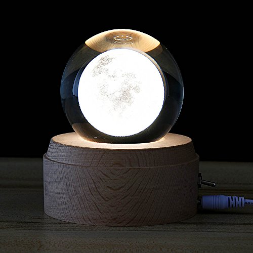 Lingkai 3D Mond Nacht Illusion Lampe Kristallkugel LED Nachtlichter Kinder Geschenk Lampe Kinder LED Mondlicht Nachttisch Schreibtischlampe mit Holzständer USB Kabel Umweltfreundlich für Schlafzimmer Kinderzimmer Wohnzimmer Bar Cafe