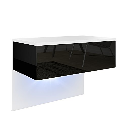 Vladon Nachttisch Nachtkonsole Sleep, Korpus in Weiß matt/Front und Seiten in Schwarz Hochglanz, inkl. LED Beleuchtung
