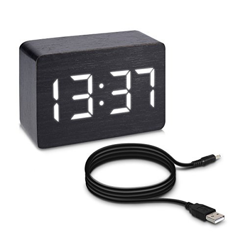 kwmobile Wecker Uhr in Holzoptik Digital - Digitalwecker Anzeige von Uhrzeit Temperatur Datum - Alarm Clock mit USB Kabel in Schwarz mit weißen LEDs